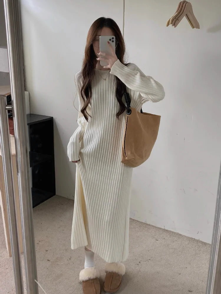 Plus Size Women’s Mid-Length Dress – Casual Round Neck Long Sleeve A-Line H-Line Skirt for Autumn Winter