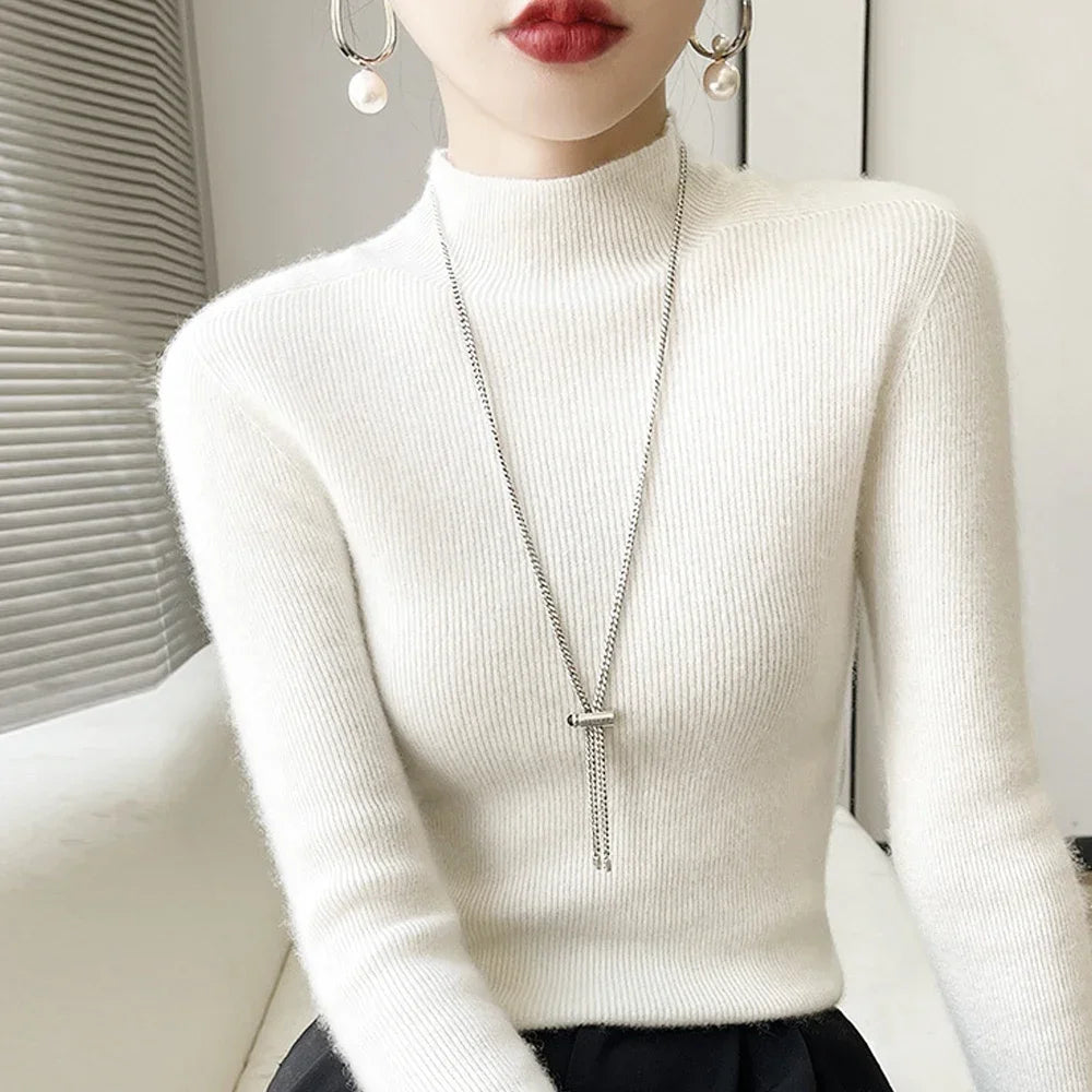 Women’s High Collar Knitted Sweater | Slim Fit Long Sleeve Top | Blue, Purple & Red Bottoming Shirt