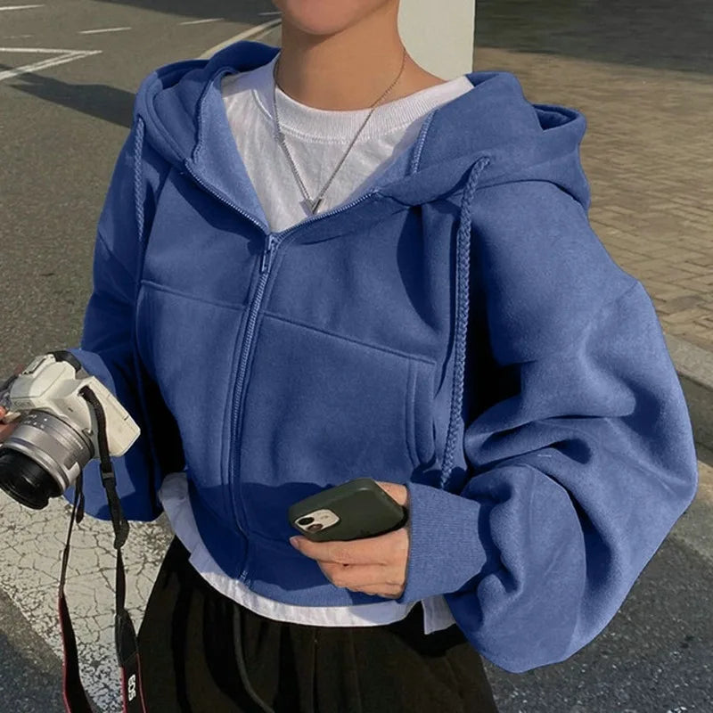 2024 Women’s Fleece-Lined Cropped Zip-Up Hoodie | Warm Slim Fit Navy Blue Sweatshirt for Spring & Autumn