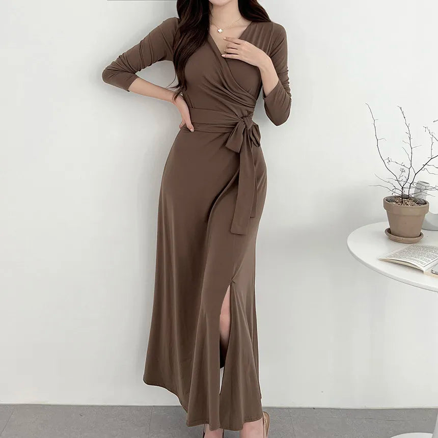 ✨ Slimming V-Neck Cross Wrap Long Dress 👗 Women's Base Layer Dress 🌸 Belted Waist Split Long Sleeve Colorful Commute Wear