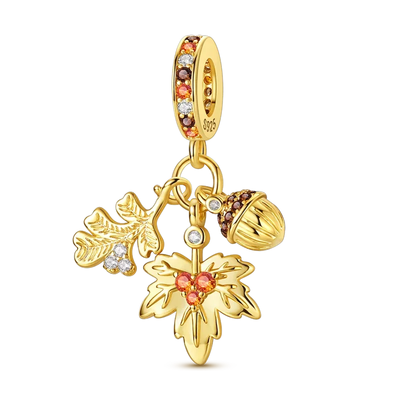 925 Sterling Silver Golden Autumn Charms | Maple Leaf & Pumpkin Beads Fit Original Bracelet DIY Jewelry Gift