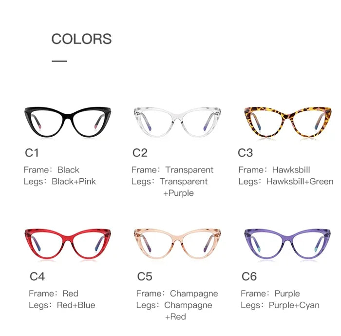 Blue Light Blocking Nearsighted Glasses – Cat Eye Spring Leg Prescription Spectacles for Women (-0.5 to -6.0)