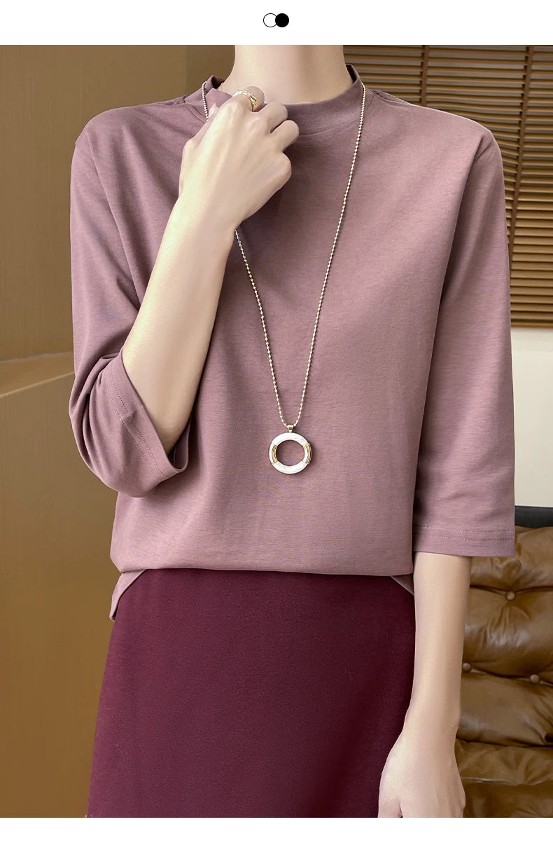 Women’s Cotton T-Shirt | Semi-High-Neck Cropped Sleeve Top | Loose Solid Color Summer & Autumn Bottoming Tee