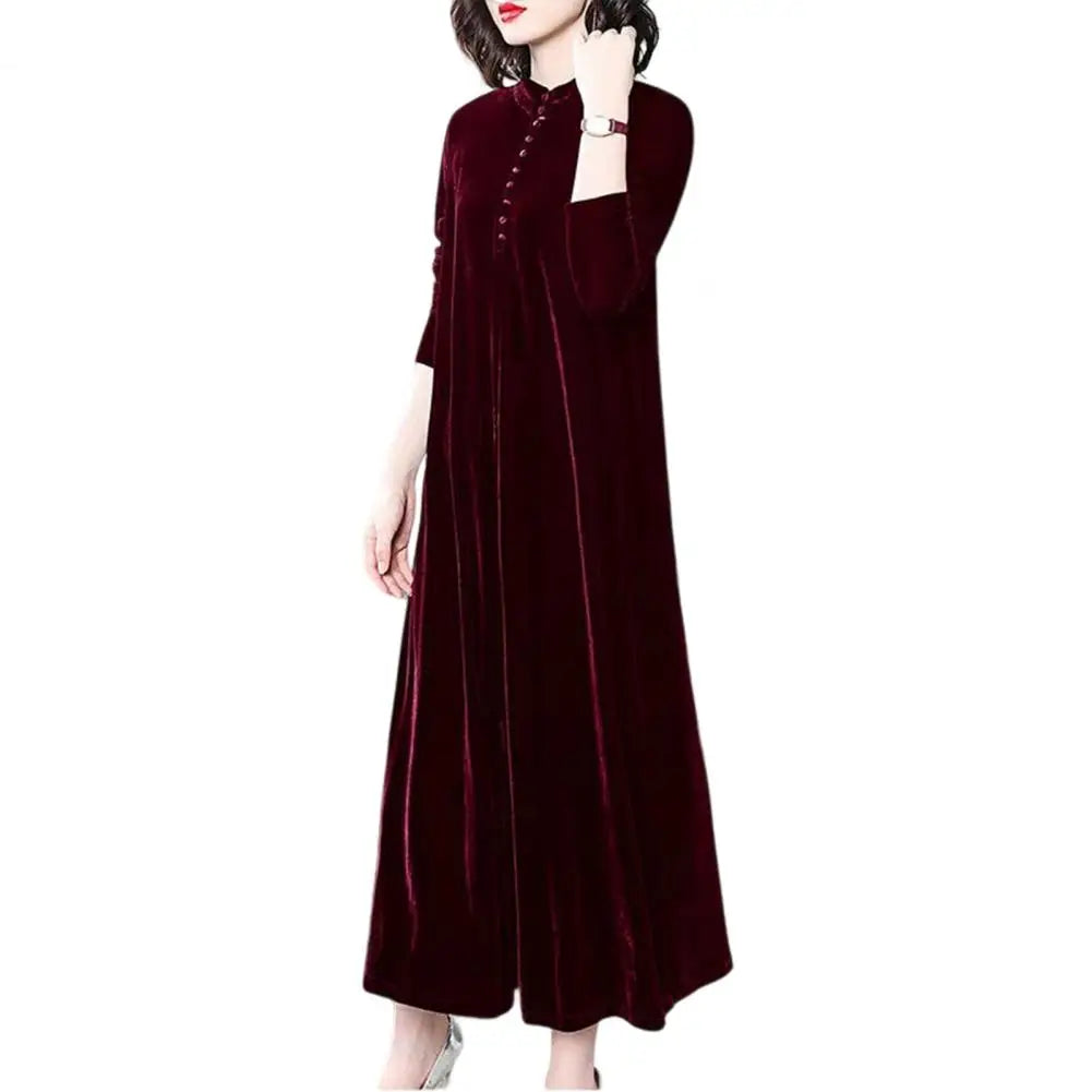 Golden Velvet Hooded Button Dress for Women – 2024 Elegant Plus Size Thermal Warm Spring Autumn Dress | Stylish Mom Dress