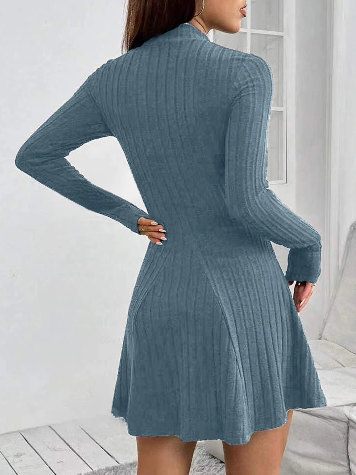 Women’s Slim Fit Half High Collar Dress – Waist Cinched A-Line Pit Stripe Long Sleeve Elegant Autumn Winter Dress