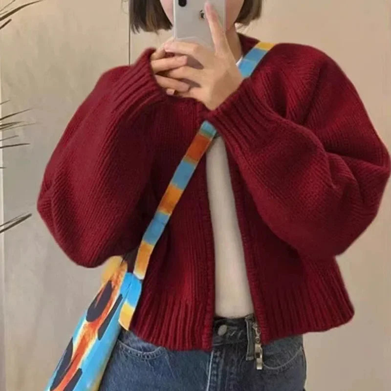 Women's Short Knitted Cardigan 2025 | Autumn Winter Solid Color Zipper Sweater Jacket