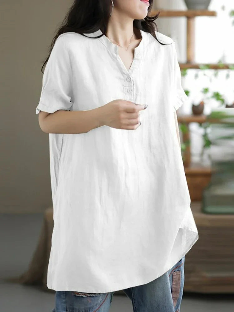 2024 Summer Cotton & Hemp Women’s Shirt – Casual Commuting Short Sleeve Half-Open Top 🌿👚