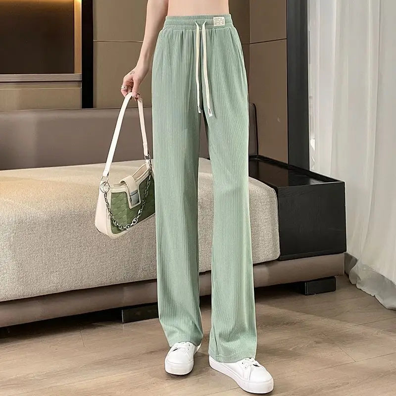 New 2025 Women’s Ice Silk Wide Leg Pants – High Waist Loose Thin Straight Casual Korean Trousers