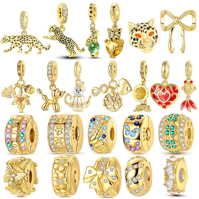 Gold Series Sun & Leopard Charm Beads – Original 925 Sterling Silver Inlaid Zircon DIY Pendants for Bracelet Jewelry Gifts