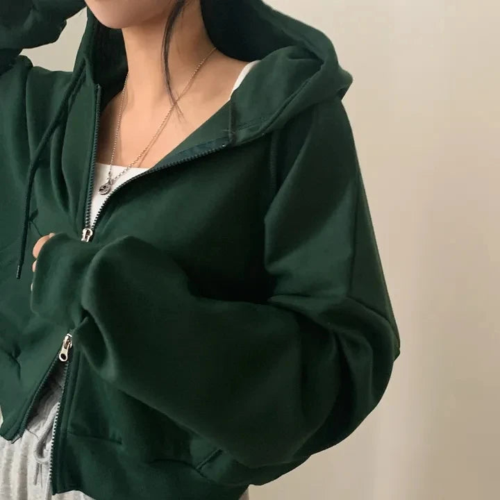 Chic Early Autumn Casual Long Sleeve Hoodie – Double Zipper Loose Versatile Cotton Pullover | Pure Color Commute Wear