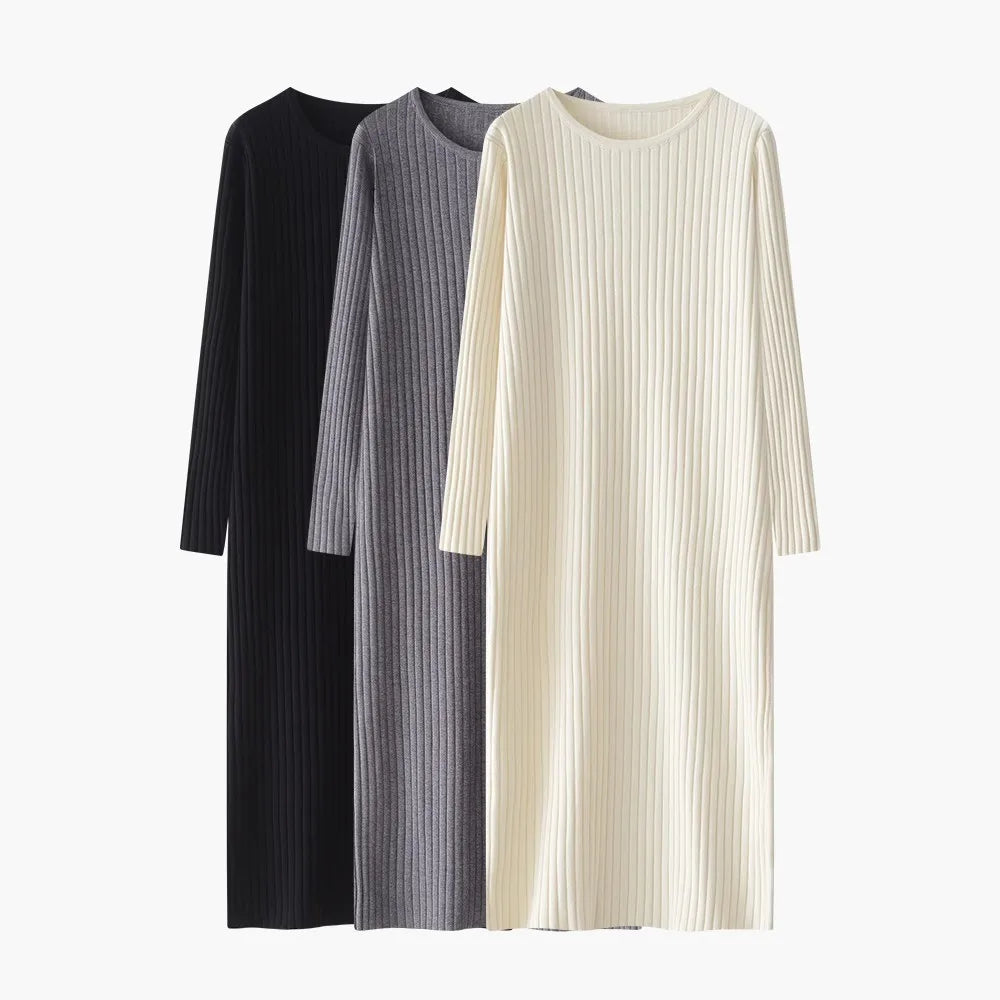 Elegant Knitted Midi Dress for Women – Knee-Length Base Layer Dress, Autumn Winter Polyester One-Step Skirt