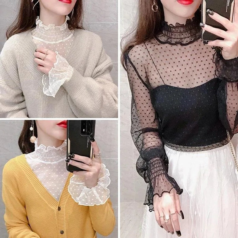 Women’s Lace Base Mesh Top – Autumn Winter Fairy Bell Sleeve Polka Dot Inner Shirt ✨❄️