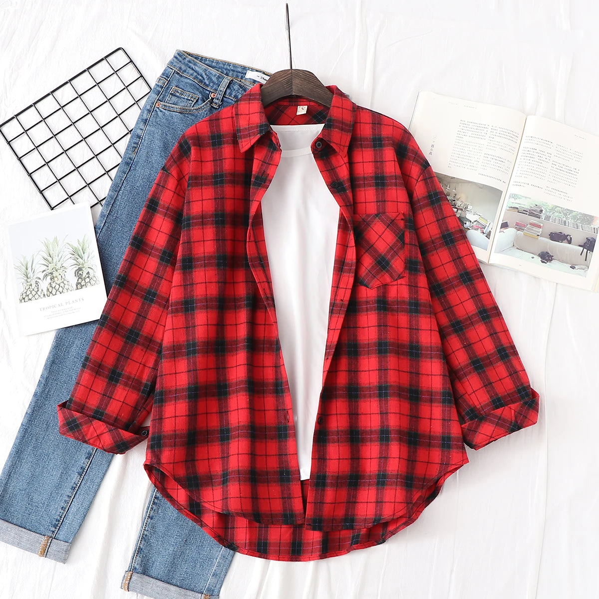 Women’s Plaid Shirt | Spring Autumn Long Sleeve Blouse | Casual Cotton Checkered Top
