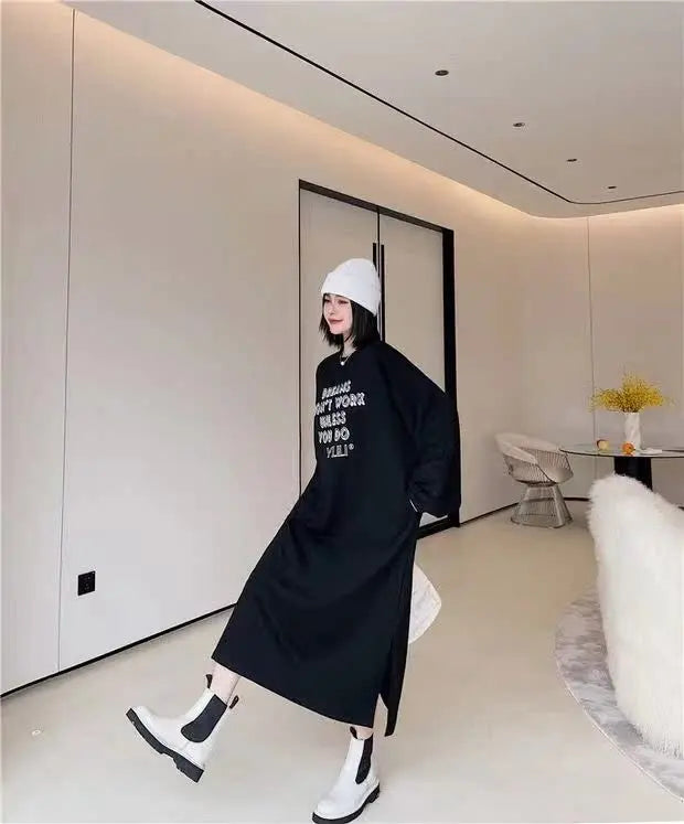 Lazy Person's Winter Sweatshirt Dress ❄️ Loose Casual Home & Outdoor Wear 👗 Personalized Letter Design 🌟