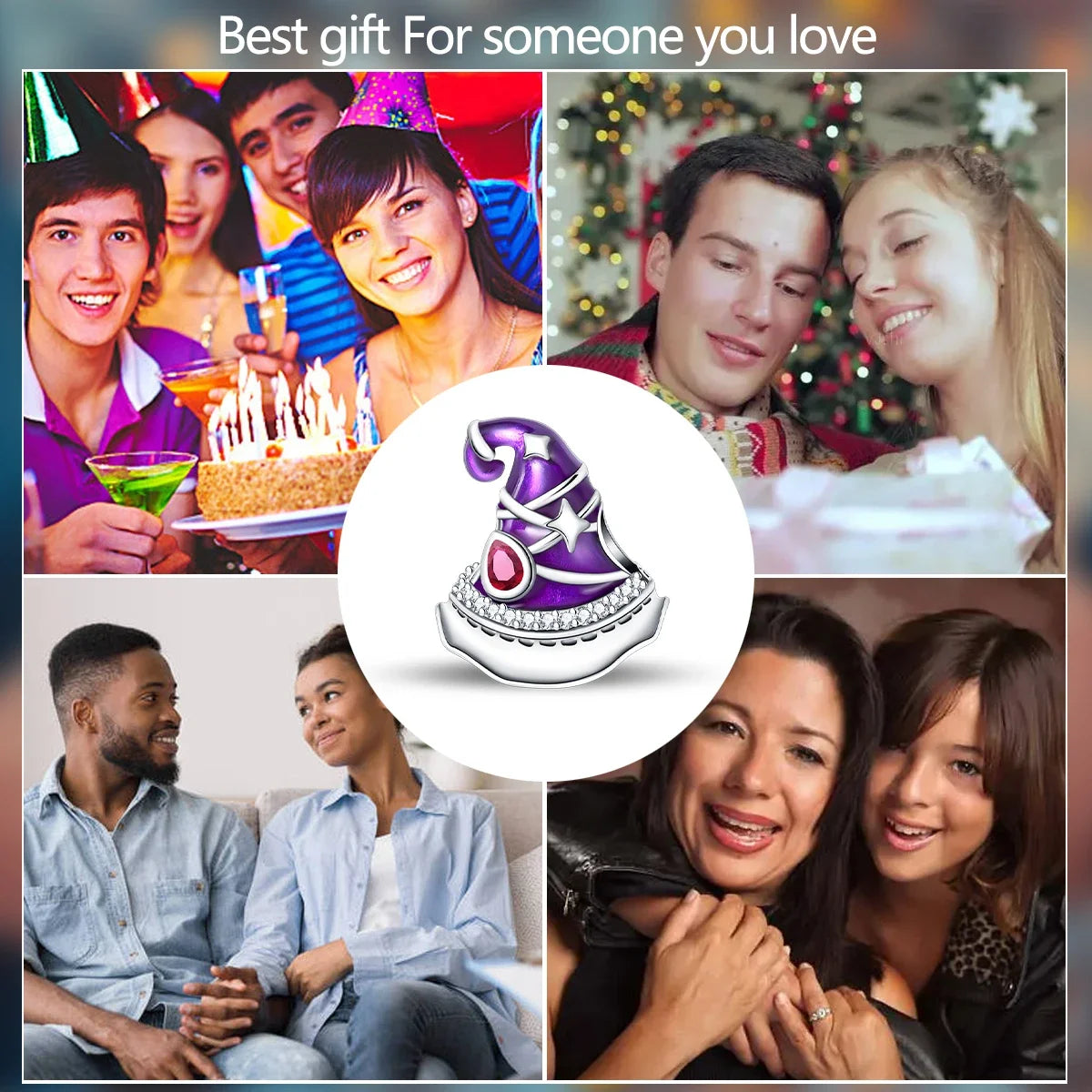 925 Sterling Silver Purple Flying Witch Hat & Magic Book Charm – Fits Original Bracelet DIY Halloween Jewelry Gift for Women