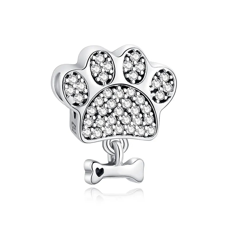925 Sterling Silver Love Pets Dog Cat Paw Print Charm Beads for Women
