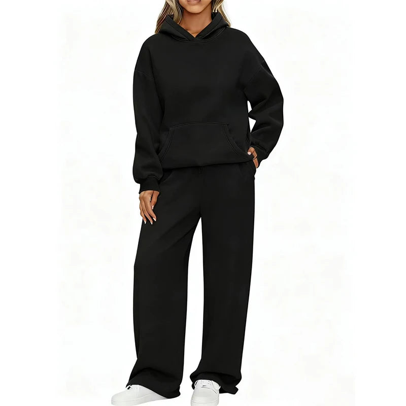 Women’s Autumn Winter Hoodie & Wide Leg Pants Two-Piece Tracksuit – Casual Loose Sportswear ❄️👟