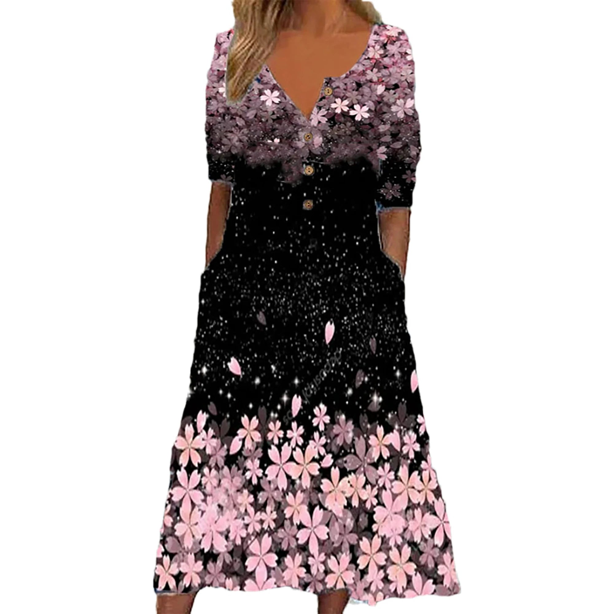 2024 Spring Plus Size Women’s Printed V-Neck Button Top – Short Sleeve Fashion Blouse with Pockets | European & American Style