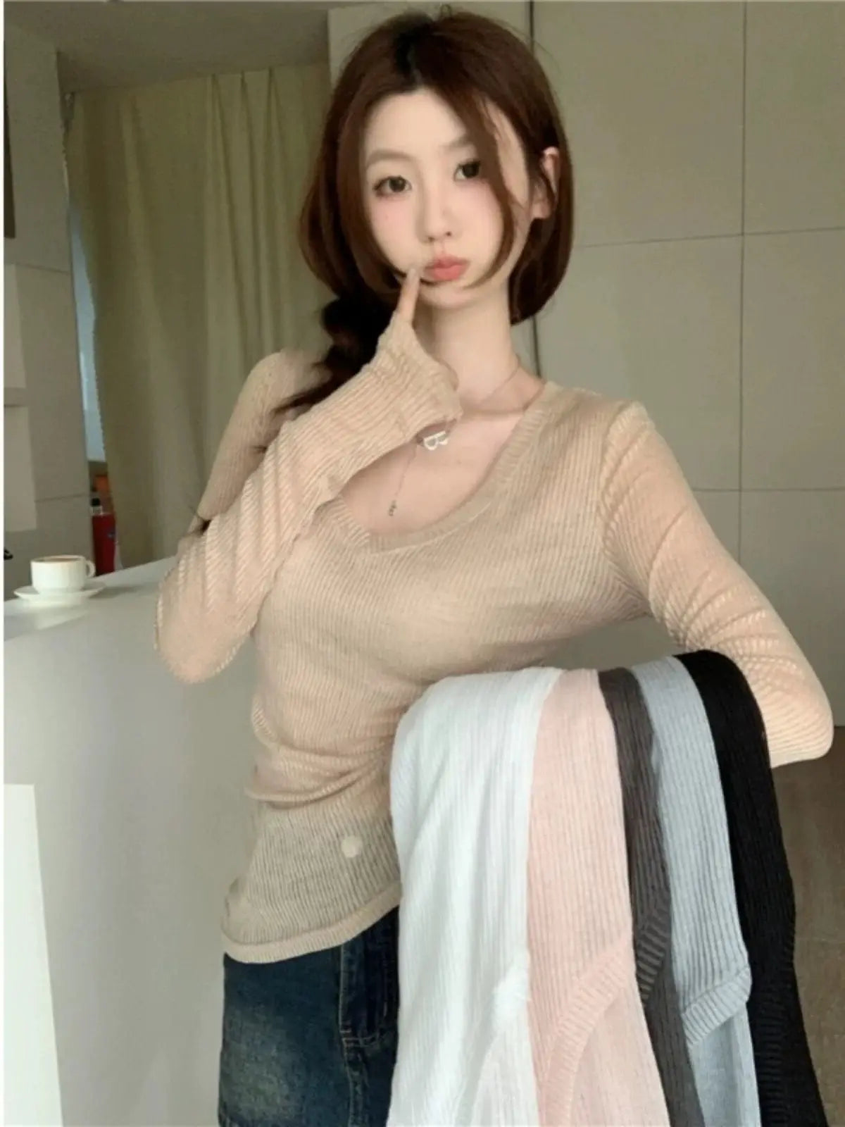 Slim Fit V-Neck Transparent Knitted Top for Women | Autumn 2024 Elegant Long Sleeve Thin Sweater | Classic Commuter Style