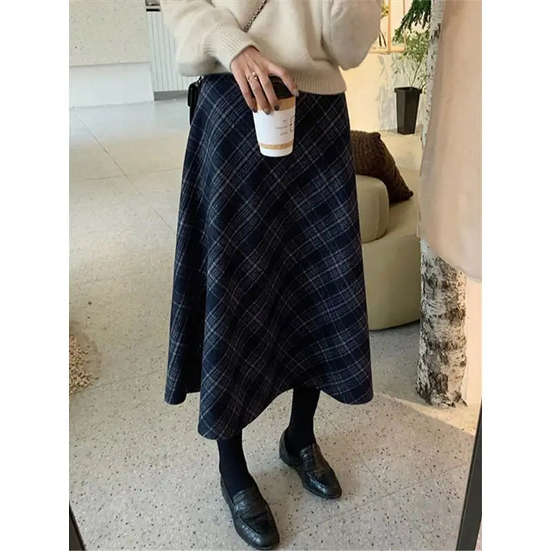 🍂 Retro Plaid Skirt 👗 Women's Autumn Winter New A-Line Umbrella Wrap Mid-Length Small Size Skirt 🌟