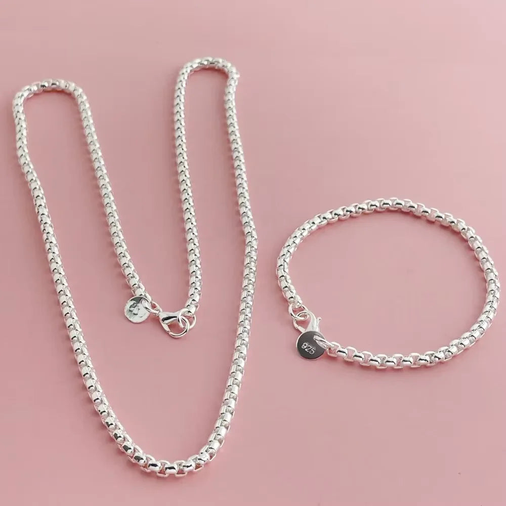 925 Sterling Silver 4mm Round Box Chain Bracelet & Necklace Set – Unisex Daily Wear Fashion Jewelry for Men & Women