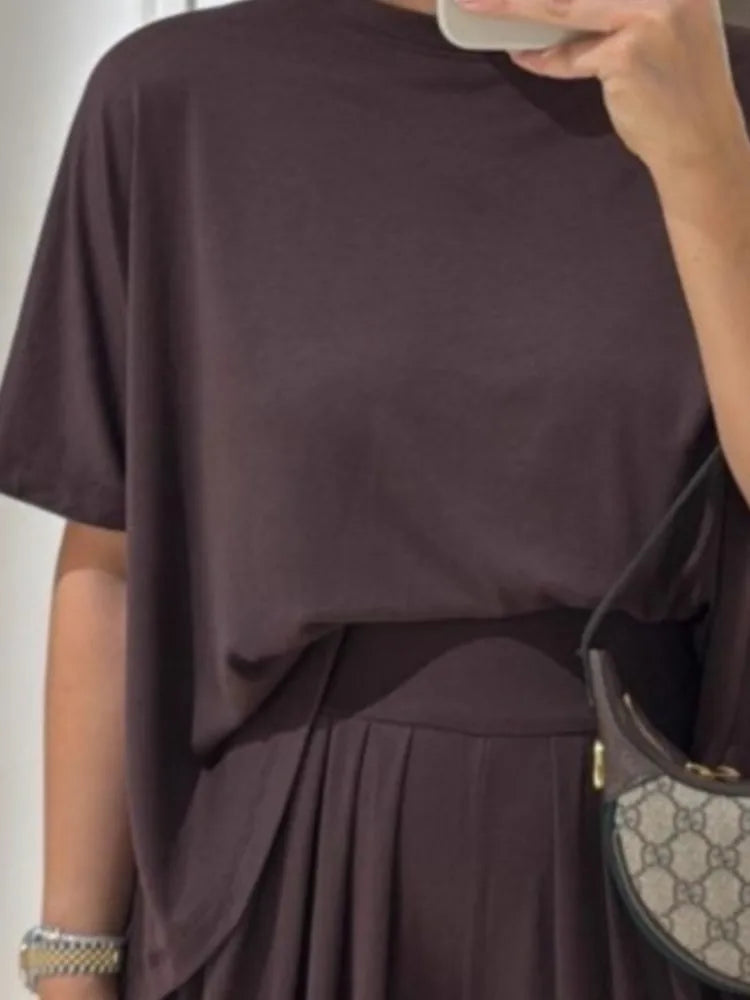 Casual Women’s 2-Piece Set – Short Sleeve T-Shirt & High Waist Wide-Leg Trousers Summer Fashion 🌿☀️