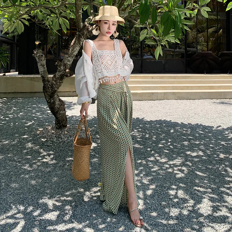 Vacation Style High Waist Wide Leg Pants – Thin Long Ethnic Print Pants for Beach & Holiday Wear