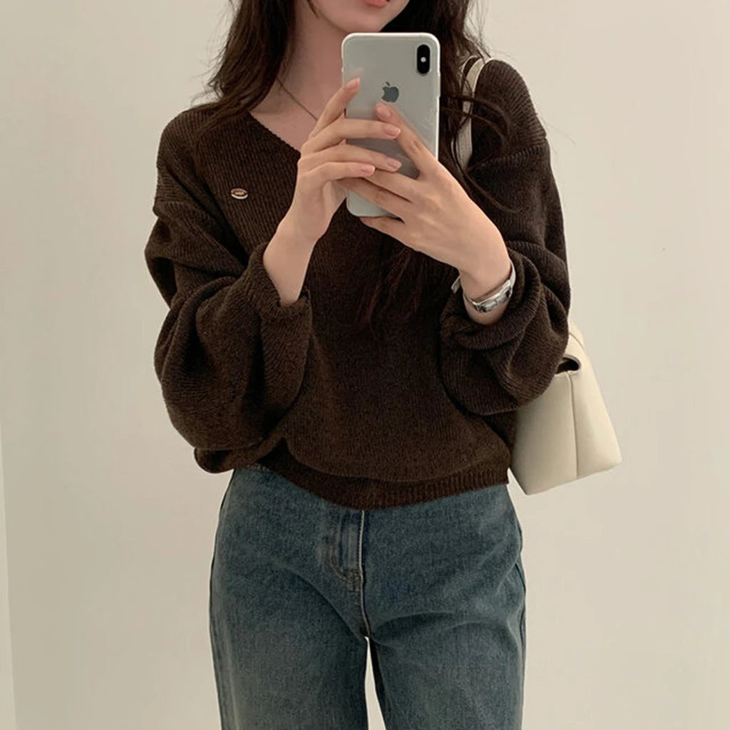Loose Women’s Knitwear V-Neck Long Sleeve T-Shirt – Casual Comfortable Fashionable Autumn Top New Arrival