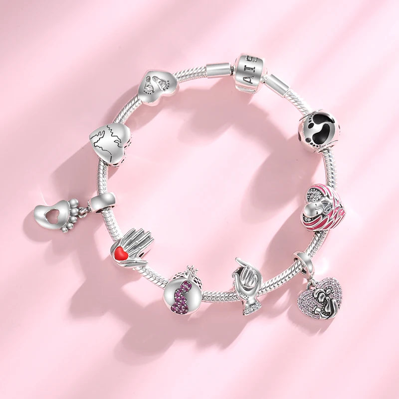 Give Birth To Life Pregnant Mother 925 Sterling Silver Charm | Pink CZ Beads Fit Original Bracelets