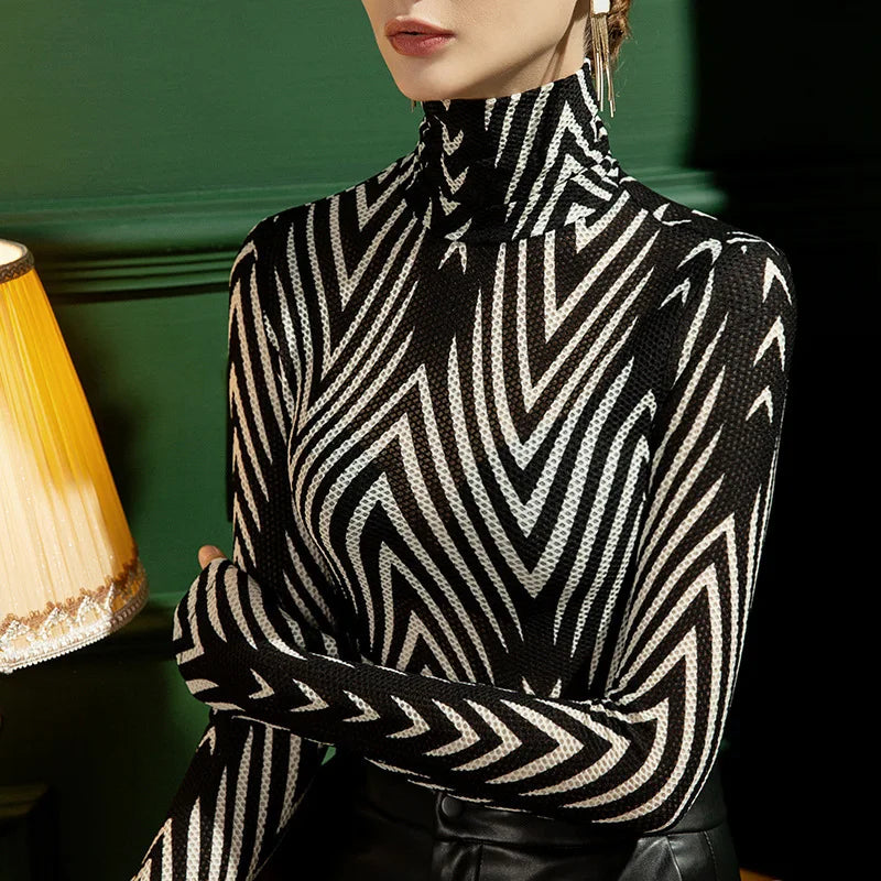 #4383 Striped Printed Tight Turtleneck Women’s Tee – Long Sleeve Elegant Office Shirt 👚🖤