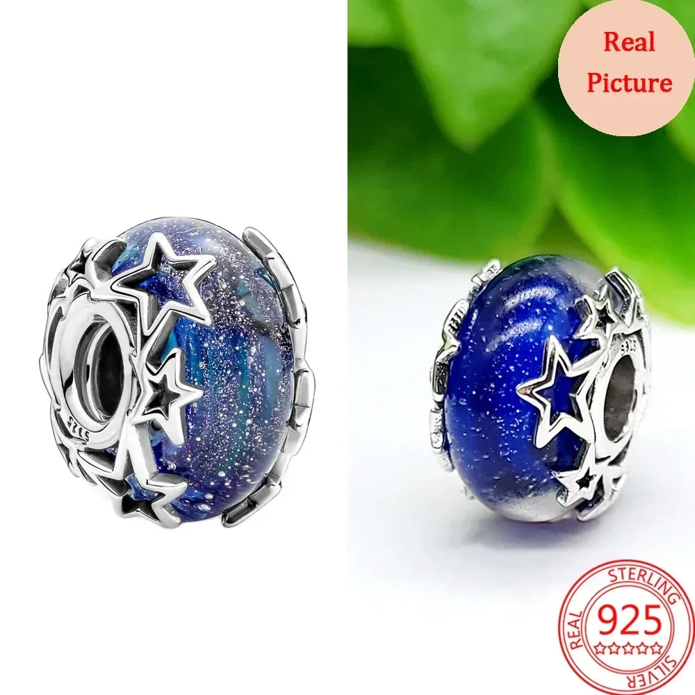 925 Sterling Silver Murano Glass Galaxy & Clover Heart Beads | Fit Pandora Bracelet DIY Jewelry Gift for Mum