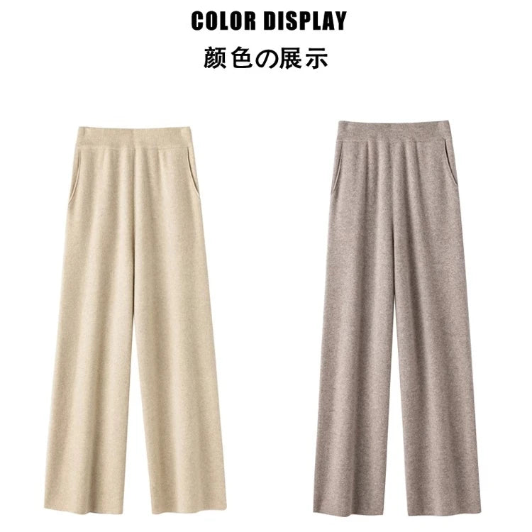 Elegant Women’s High Waist Wide-Leg Pants – Baggy Straight Knitted Trousers with Pockets