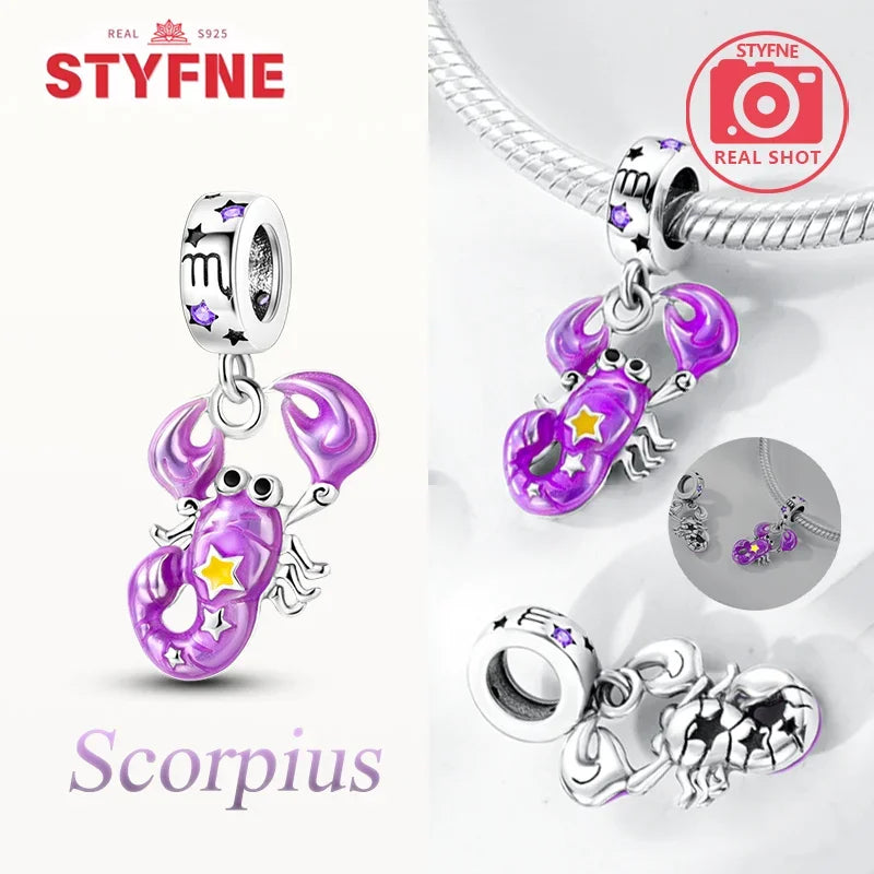 925 Sterling Silver Luminous Constellation Zodiac Charm – Scorpio, Aries, Cancer Pendant Bead Fit Original Pandora Bracelet Women Jewelry