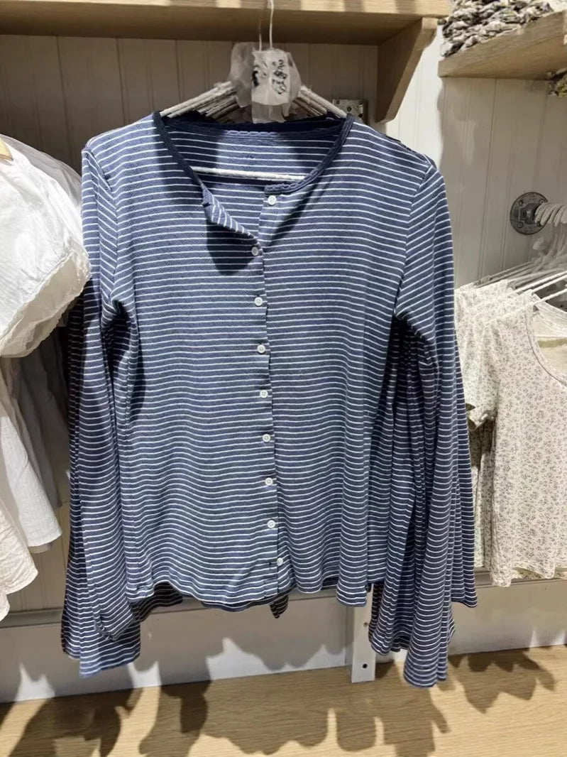 Women’s Pink Striped Slim Long Sleeve Tee | Casual Cotton O-Neck T-Shirt | Sweet Vintage Y2K Top