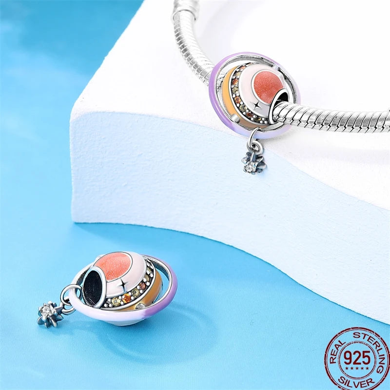 925 Sterling Silver Golden Zircon Saturn Flower Butterfly Charm Bead Fit 3MM Original Bracelet Women DIY Jewelry