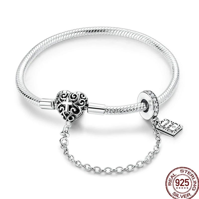 925 Sterling Silver Heart Moon Sun Clasp Charm Bracelet | 17–20CM Original Bracelet for Women | Fits Pandora DIY Beads Jewelry