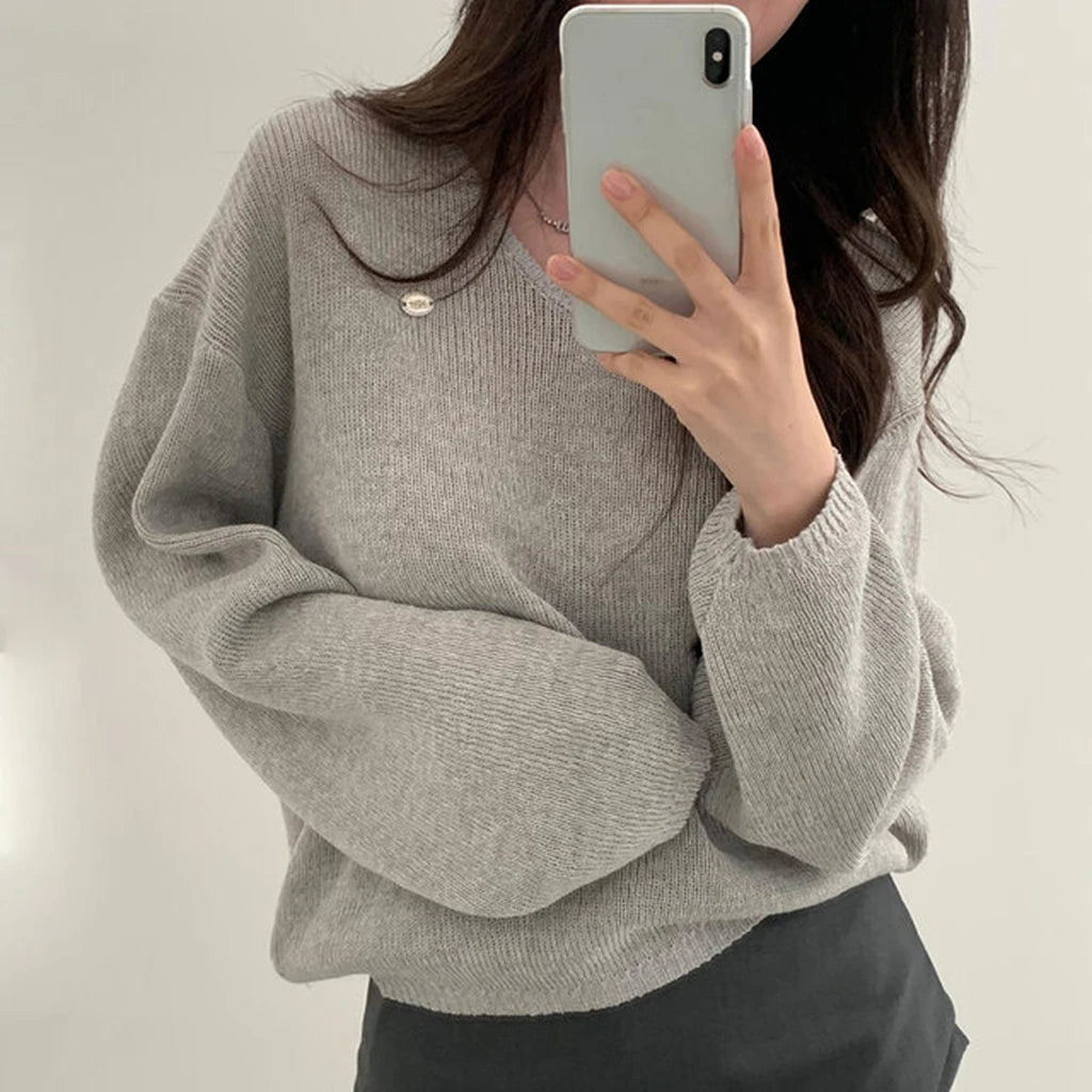 Loose Women’s Knitwear V-Neck Long Sleeve T-Shirt – Casual Comfortable Fashionable Autumn Top New Arrival