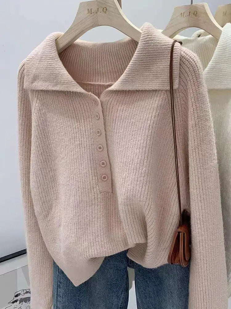 Pink Lazy Korean Style Big Collar Sweater – Women’s Autumn Winter Slim Soft Knitted Top | Sweet Loose Fit Versatile Knit