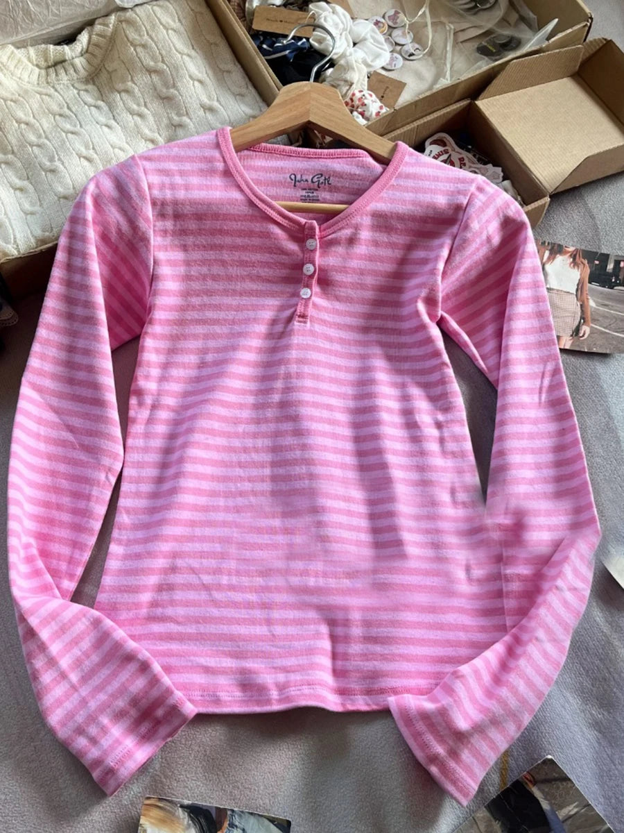 Women’s Pink Striped Slim Long Sleeve Tee | Casual Cotton O-Neck T-Shirt | Sweet Vintage Y2K Top