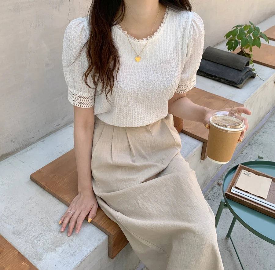 Elegant White Lace Hollow Out Blouse | Fairy-Style Bubble Sleeve Summer Top for Women