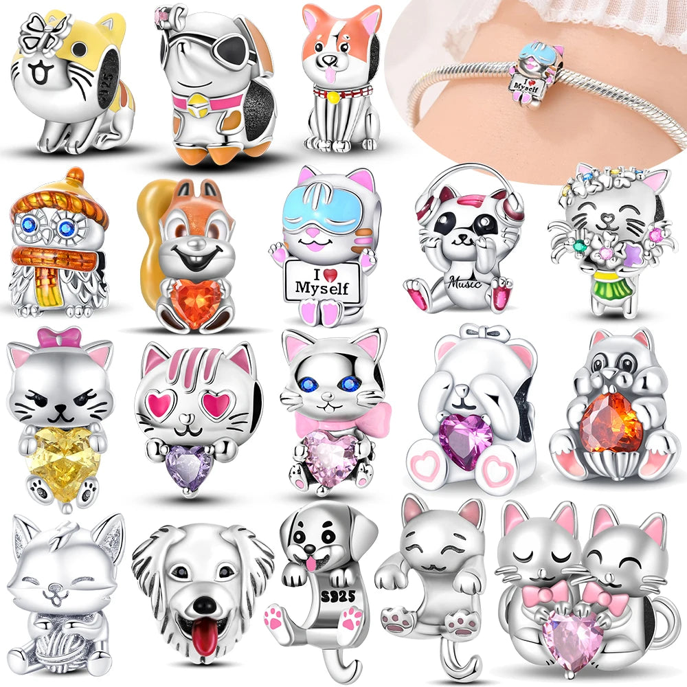 Original 925 Sterling Silver Pink Zircon Cat Dog Squirrel Red Heart Bead | Fit Bracelet Women DIY Jewelry Gift