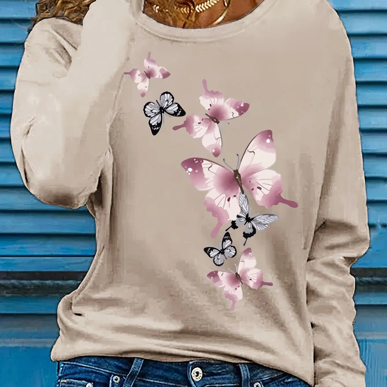 Women’s 100% Cotton Butterfly Print Long Sleeve T-Shirt | Casual Loose Round Neck Base Shirt for Spring & Autumn