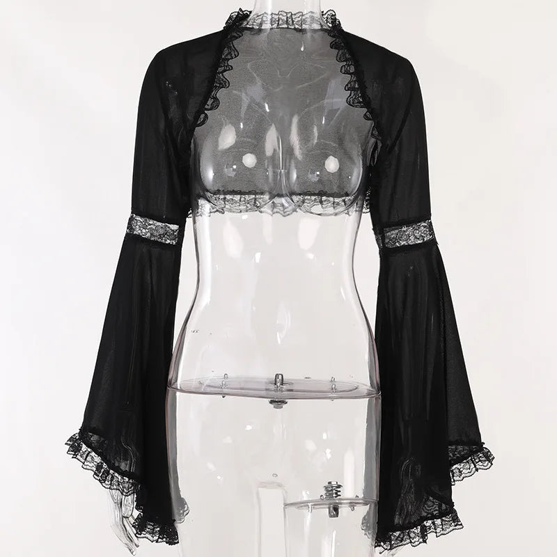 Dark Black Goth Top | Women’s Vintage Flared Sleeve Gothic T-Shirt Y2K Party Wear