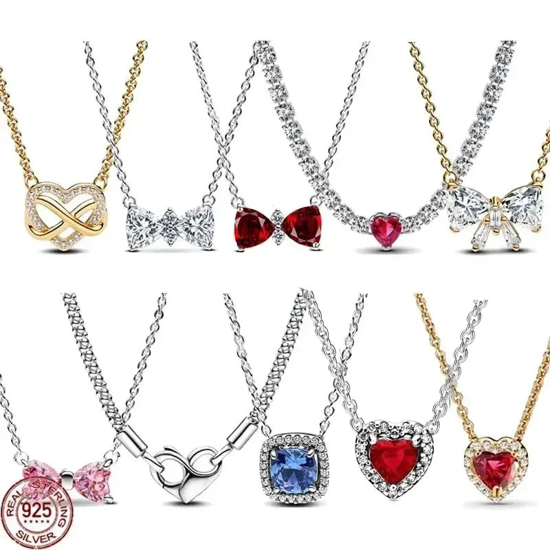 New 925 Sterling Silver Sparkling Heart-Shaped Square Pendant Necklace for Women