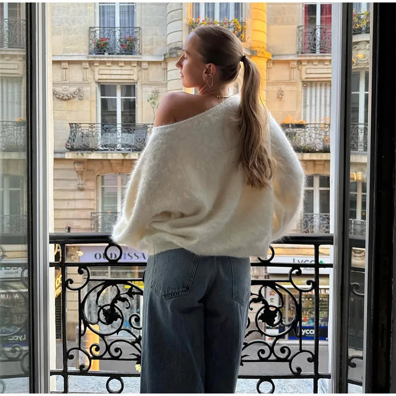 Women’s Off-Shoulder Mohair Sweater | Elegant Loose Knit Pullover for Autumn Fashion 2025