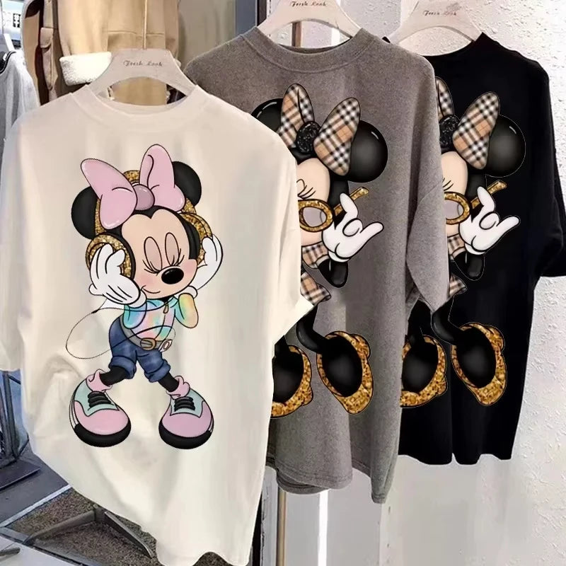 Disney Minnie Kawaii Women's Printed T-Shirt | Y2K Summer Cartoon Top | Oversized Cotton Tee for Women