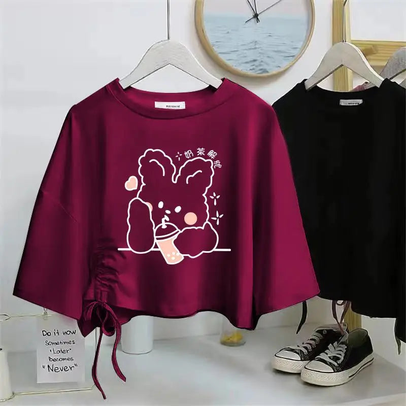 Women’s Drawstring Cotton T-Shirt | Loose O-Neck Drop Sleeve Pullover | Spring Summer Casual Solid Knit Top