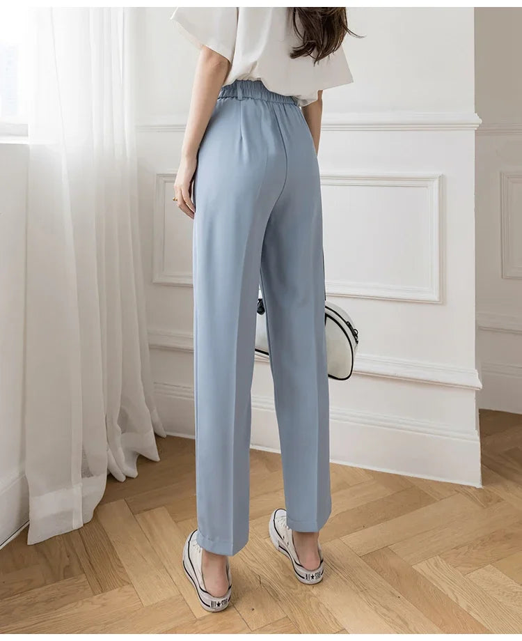 Women’s High Waist Suit Pants | Summer Black Harem Business Pants | Korean Style Pocket Thin Nine-Point Trousers
