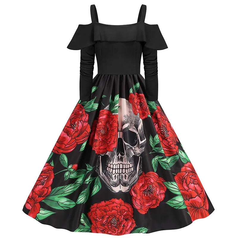 Elegant Spaghetti Strap Halloween Party Dress – Vintage Long Sleeve Ruffle Evening Prom Costume for Women | Autumn Winter