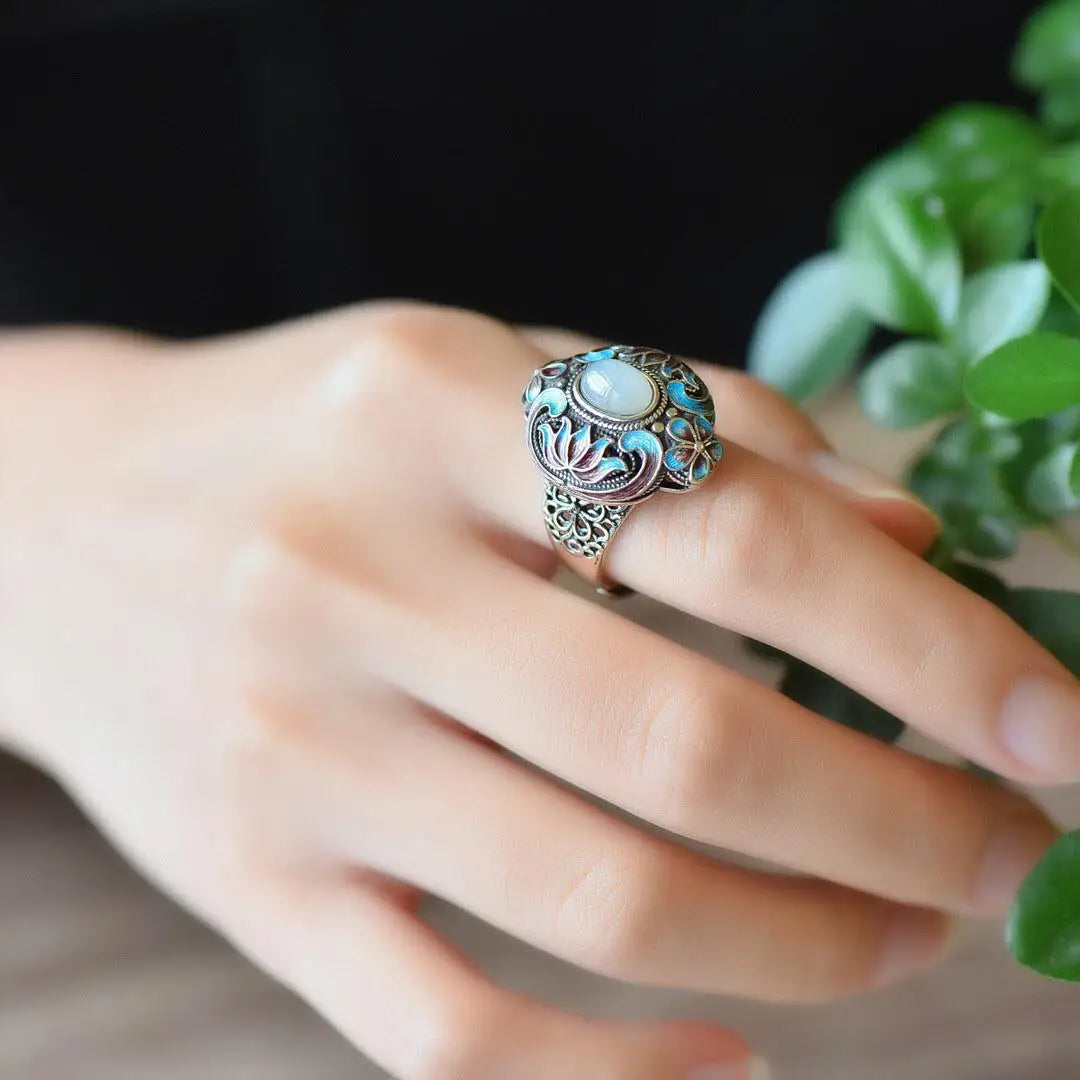 PANJBJ 925 Sterling Silver Hotan Jade Geometric Adjustable Ring | Retro Delicate Jewelry Gift for Women